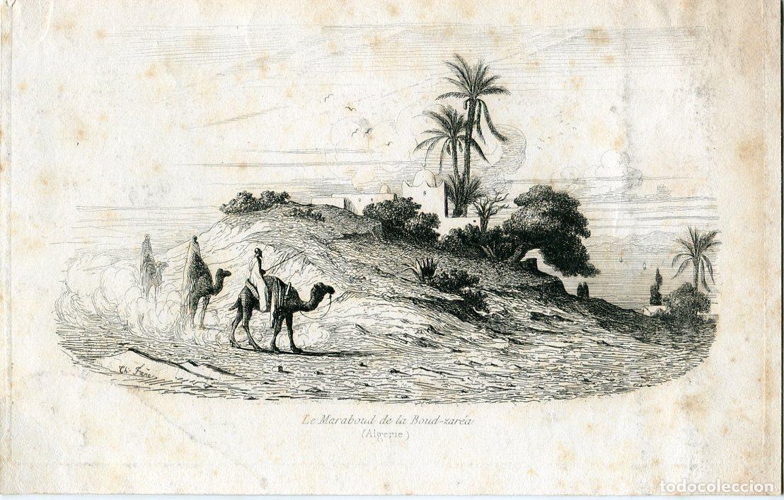 Arte: Marabout de Bouzar&eacute;ah, Argelia - Grabado original s. XIX de Ch. Fr&egrave;re