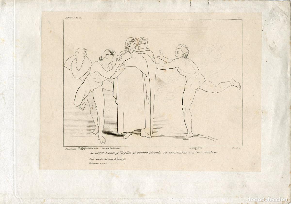 Arte: Dante y Virgilio ante tres sombras, Infierno - Grabado original Flaxman