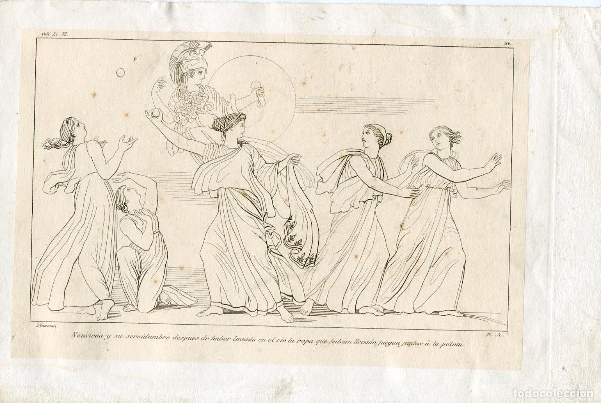 Arte: Naus&iacute;caa juega a la pelota, Odisea - Grabado original Flaxman - s. XIX