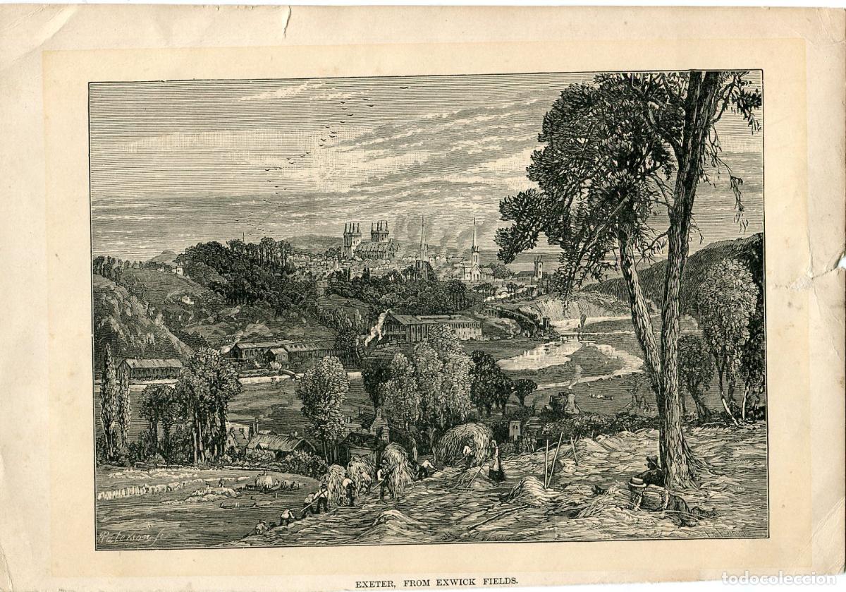 Arte: Exeter desde Exwick Fields, Devon - Xilograf&iacute;a original - Our Own Country 1883