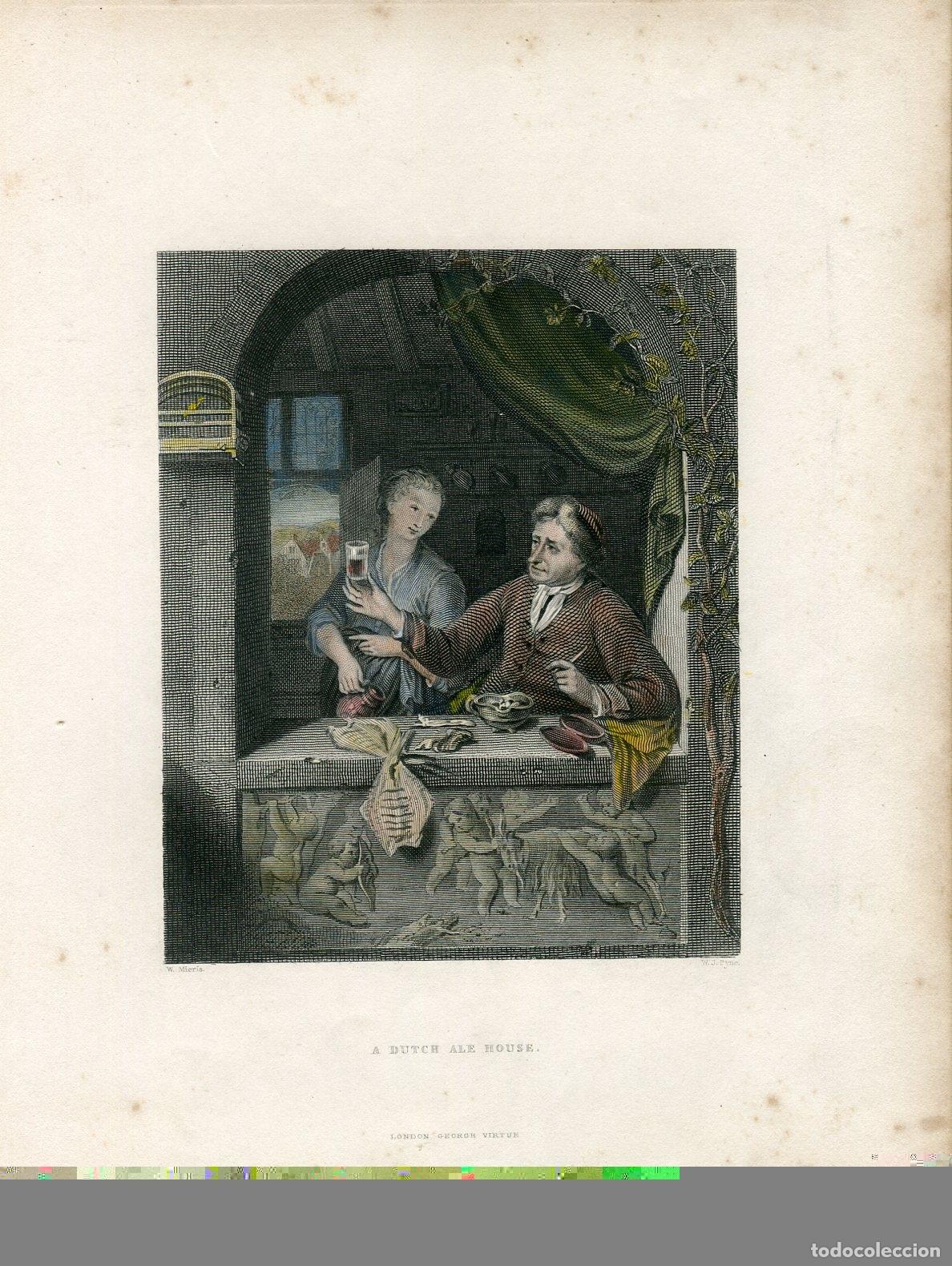Arte: Taberna holandesa - Grabado original coloreado de Pyne seg&uacute;n Mieris - h. 1834
