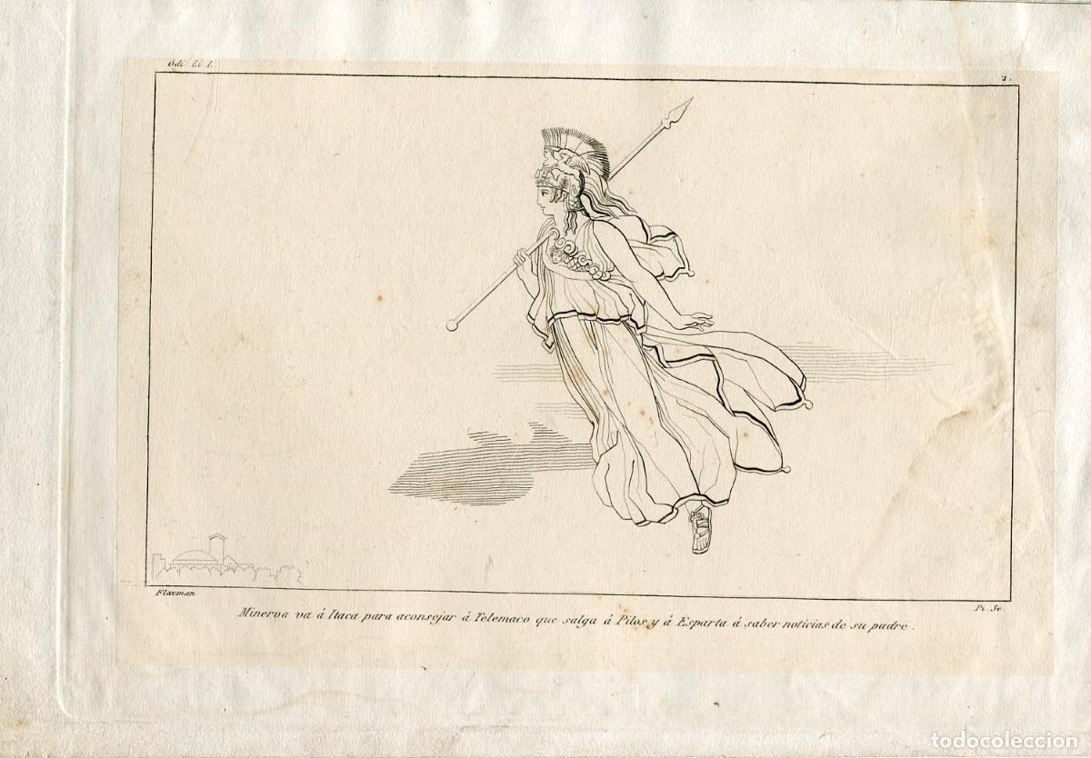 Arte: Minerva parte hacia &Iacute;taca - Grabado seg&uacute;n Flaxman - Odisea, s. XIX