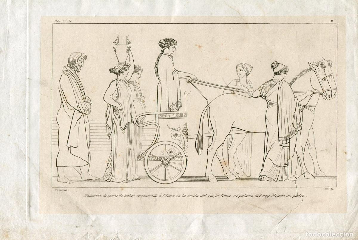 Arte: Naus&iacute;caa lleva a Ulises al palacio de Alc&iacute;noo - Grabado Flaxman s. XIX