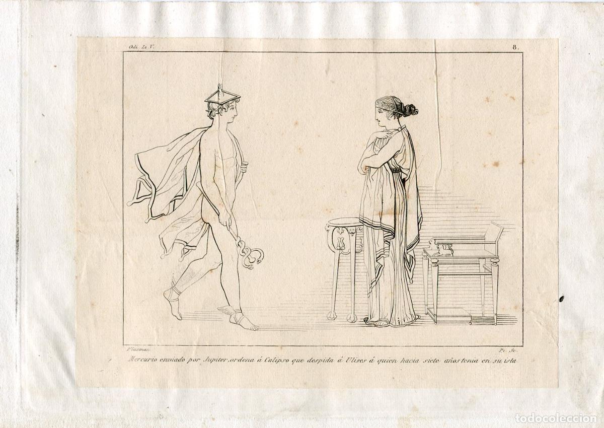 Arte: Mercurio ordena a Calipso que despida a Ulises - Grabado Flaxman s. XIX