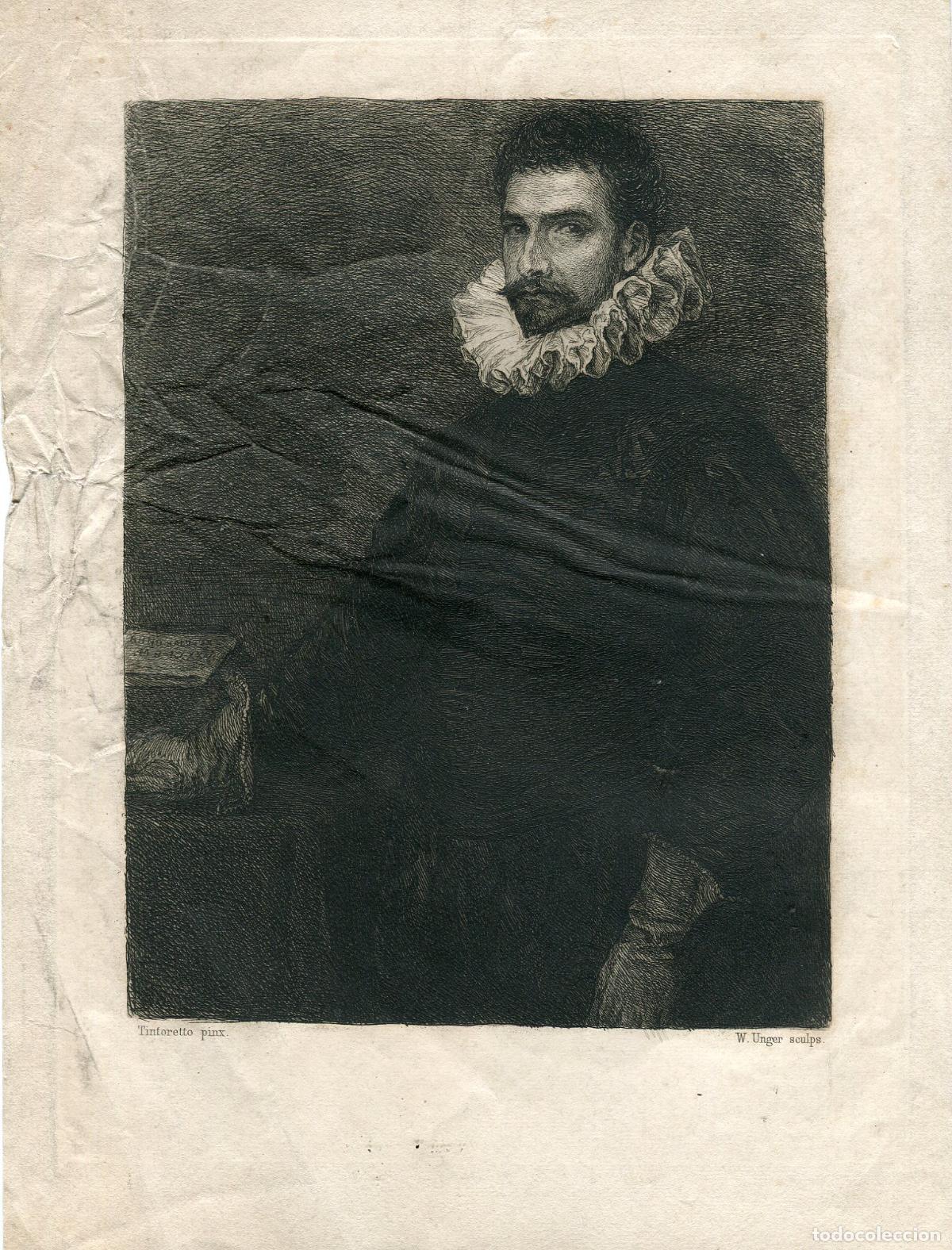 Arte: Retrato de caballero - Aguafuerte de W. Unger seg&uacute;n Tintoretto - 1879