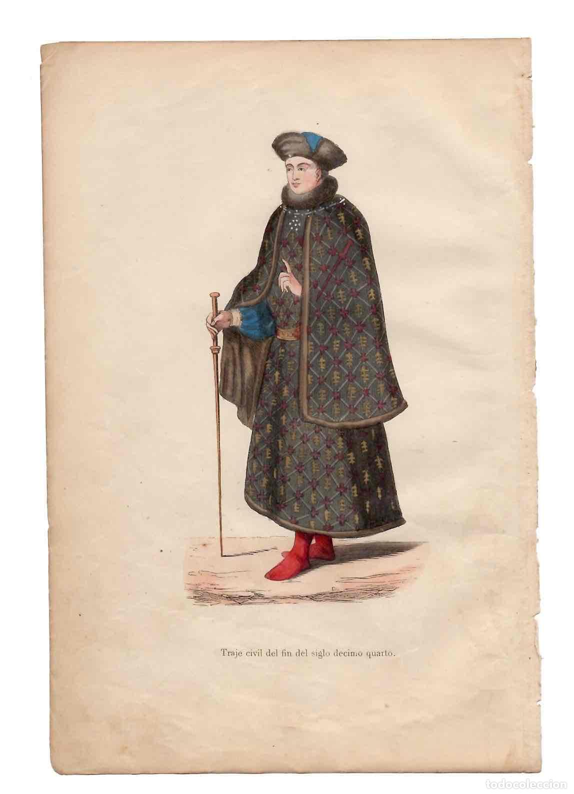 Arte: GRABADO COLOREADO A MANO TRAJE CIVIL DE FIN DE SIGLO XIV. TRAGES Y COSTUMBRES DE LA EDAD MEDIA 1846