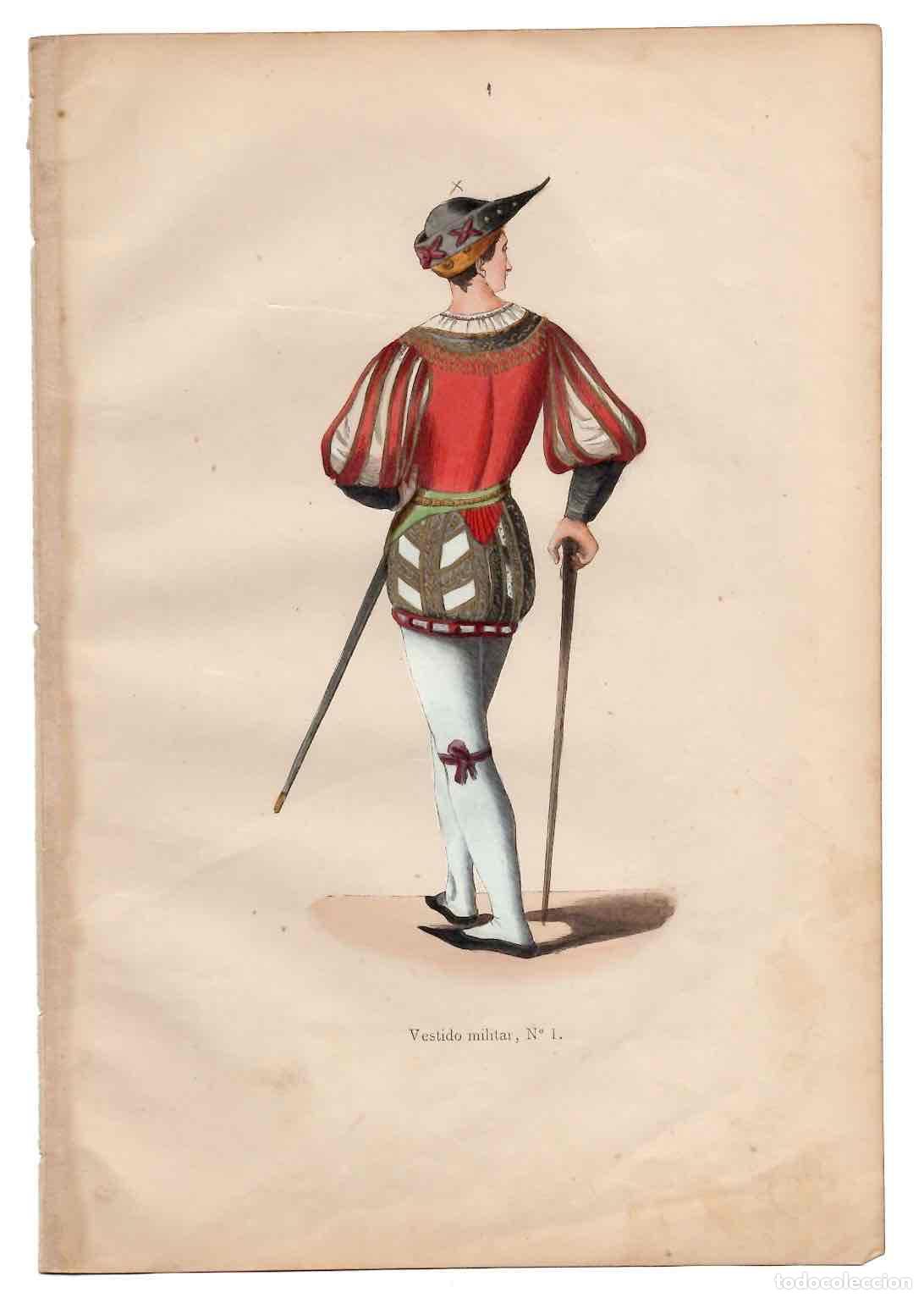 Arte: GRABADO COLOREADO A MANO VESTIDO MILITAR. TRAGES Y COSTUMBRES DE LA EDAD MEDIA 1846