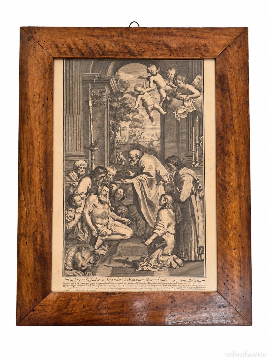 Arte: Antiguo Grabado - La &Uacute;ltima Comuni&oacute;n de San Jer&oacute;nimo Pintado por Domenichino 1614 - Ed. 1720-1725
