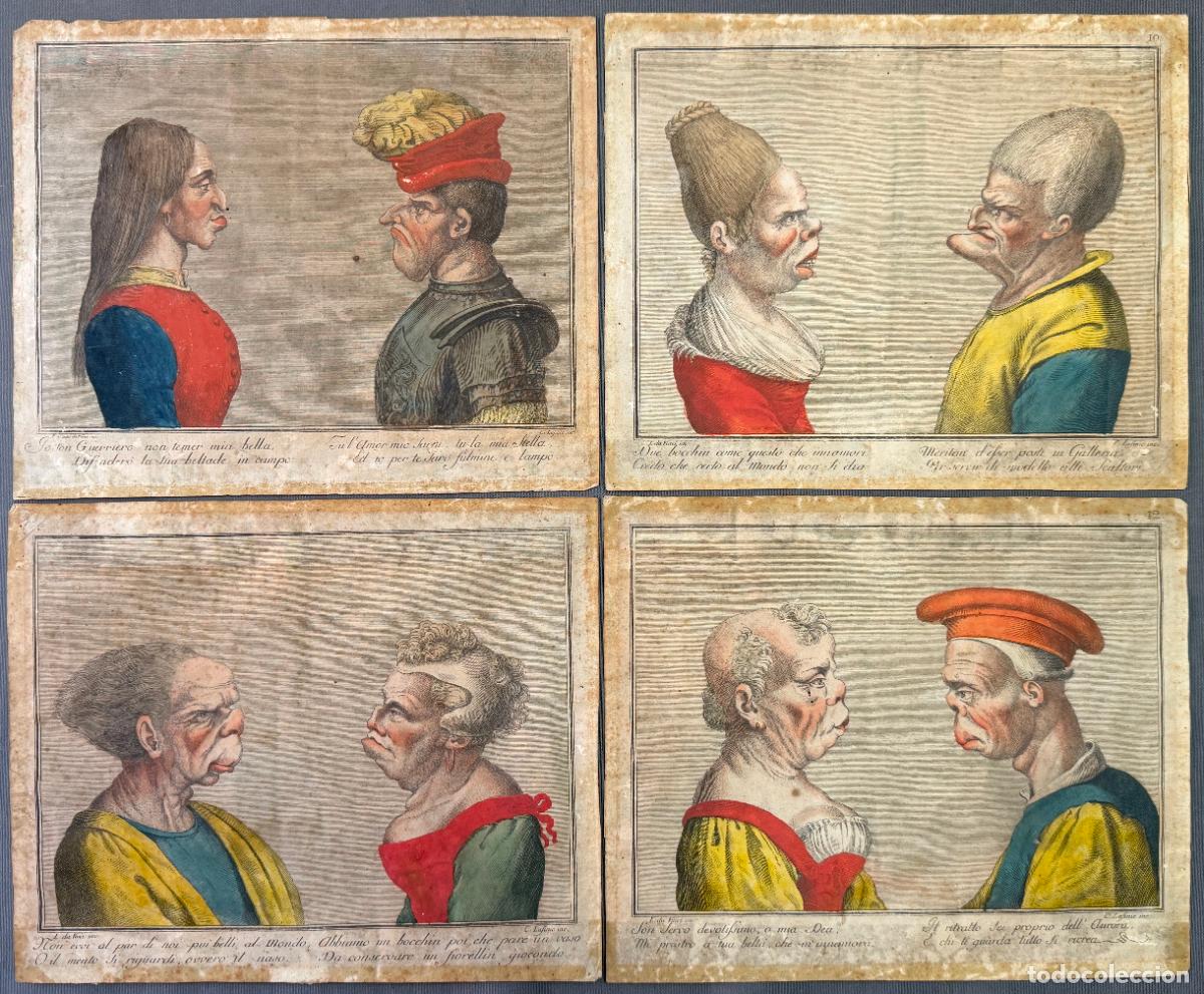Arte: Carlo Lasinio (1759&ndash;1838) 4 Caricature da Leonardo da Vinci Aguafuertes coloreados R204