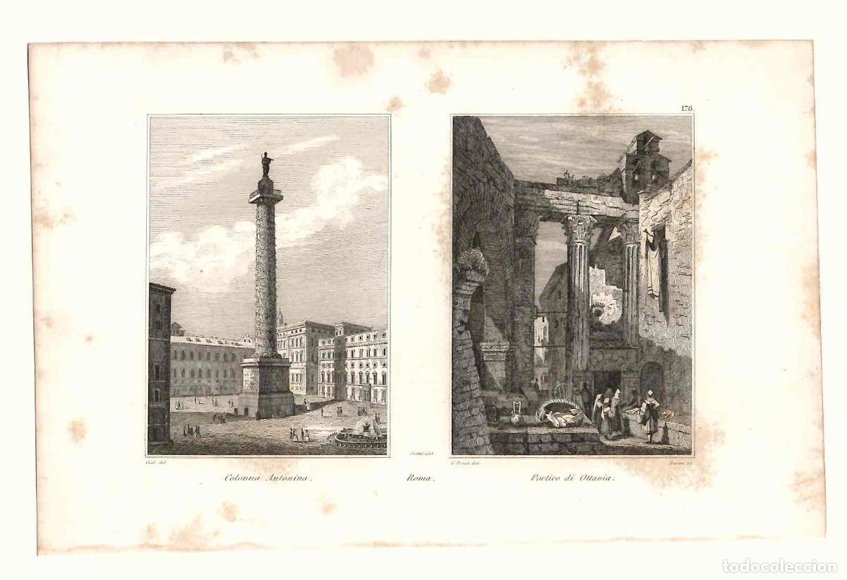Arte: GRABADO ROMA. COLUMNA MARCO AURELIO (ANTONINA) Y PORTICO DI OTTAVIA. SIGLO XIX