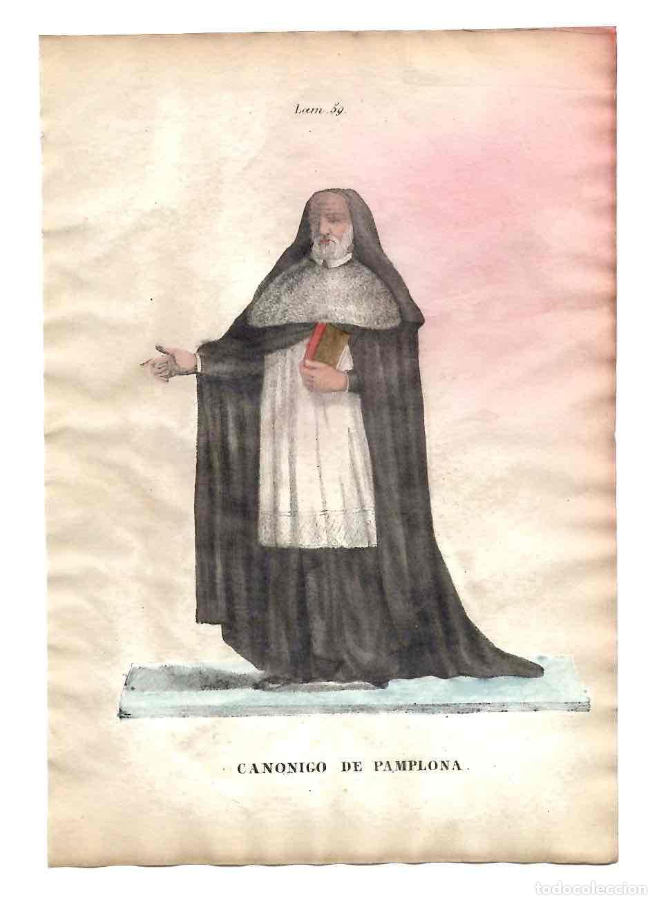 Arte: GRABADO CALCOGR&Aacute;FICO COLOREADO A MANO CANONIGO DE PAMPLONA. NAVARRA. S. XIX