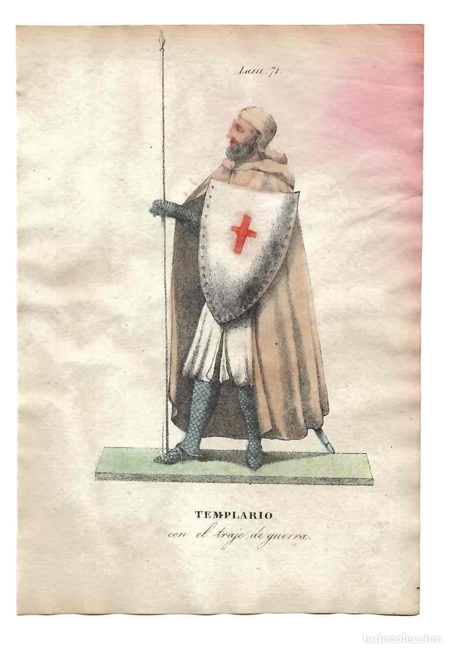 Arte: GRABADO CALCOGR&Aacute;FICO COLOREADO A MANO TEMPLARIO. S. XIX