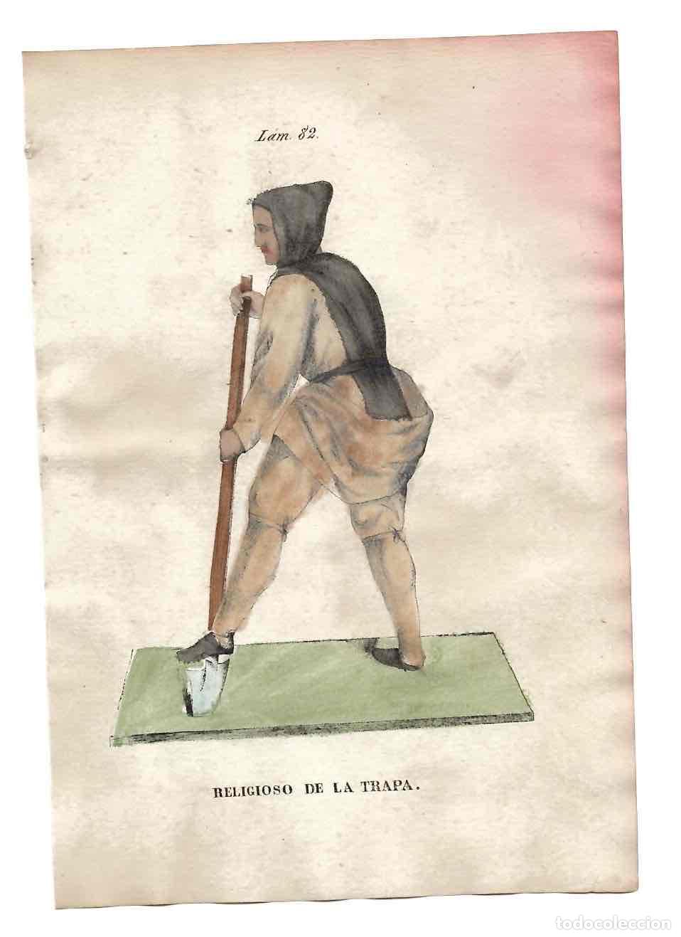 Arte: GRABADO CALCOGR&Aacute;FICO COLOREADO A MANO RELIGIOSO DE LA TRAPA. S. XIX