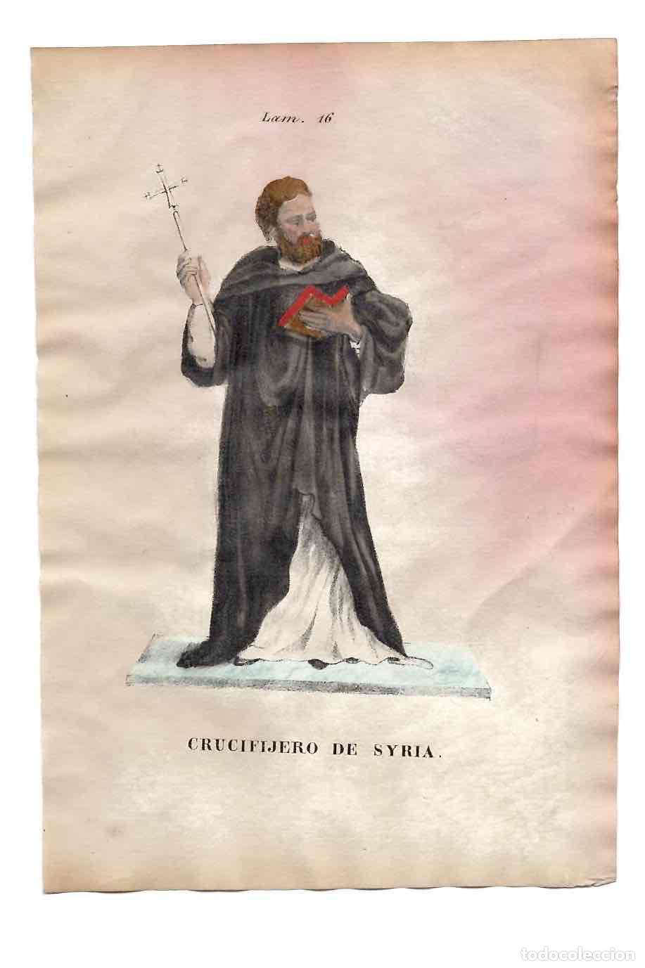 Arte: GRABADO CALCOGR&Aacute;FICO COLOREADO A MANO CRUCIFIJERO DE SYRIA. S. XIX