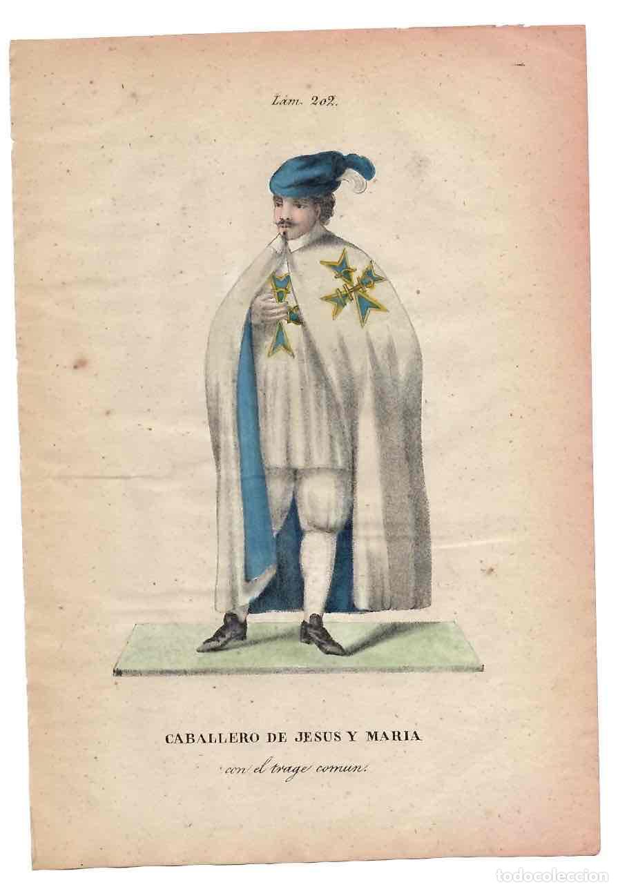 Arte: GRABADO CALCOGR&Aacute;FICO COLOREADO A MANO CABALLERO DE JESUS Y MARIA CON EL TRAJE COMUN. S. XIX