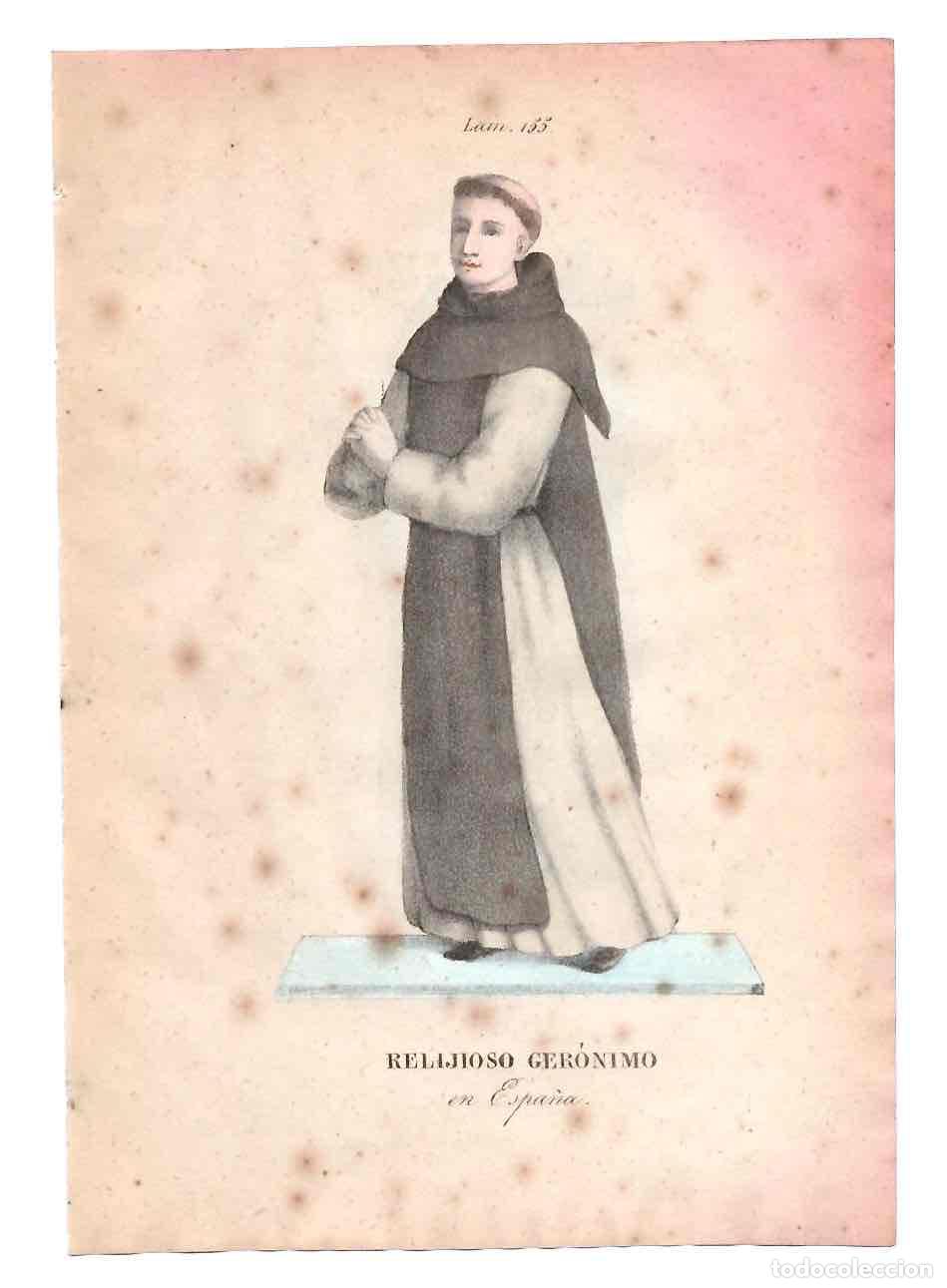 Arte: GRABADO CALCOGR&Aacute;FICO COLOREADO A MANO RELIGIOSO GERONIMO EN ESPA&Ntilde;A. S. XIX