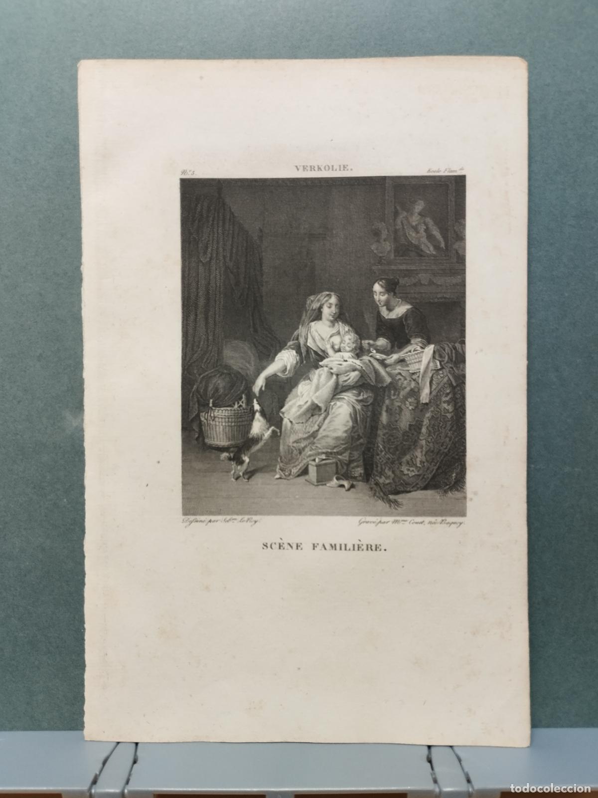 Arte: BZB GRABADO SIGLO XVIII-S. XIX. VERKOLIE. SC&Egrave;NE FAMILI&Egrave;RE. GRAV&Eacute; PAR MME. COUET.