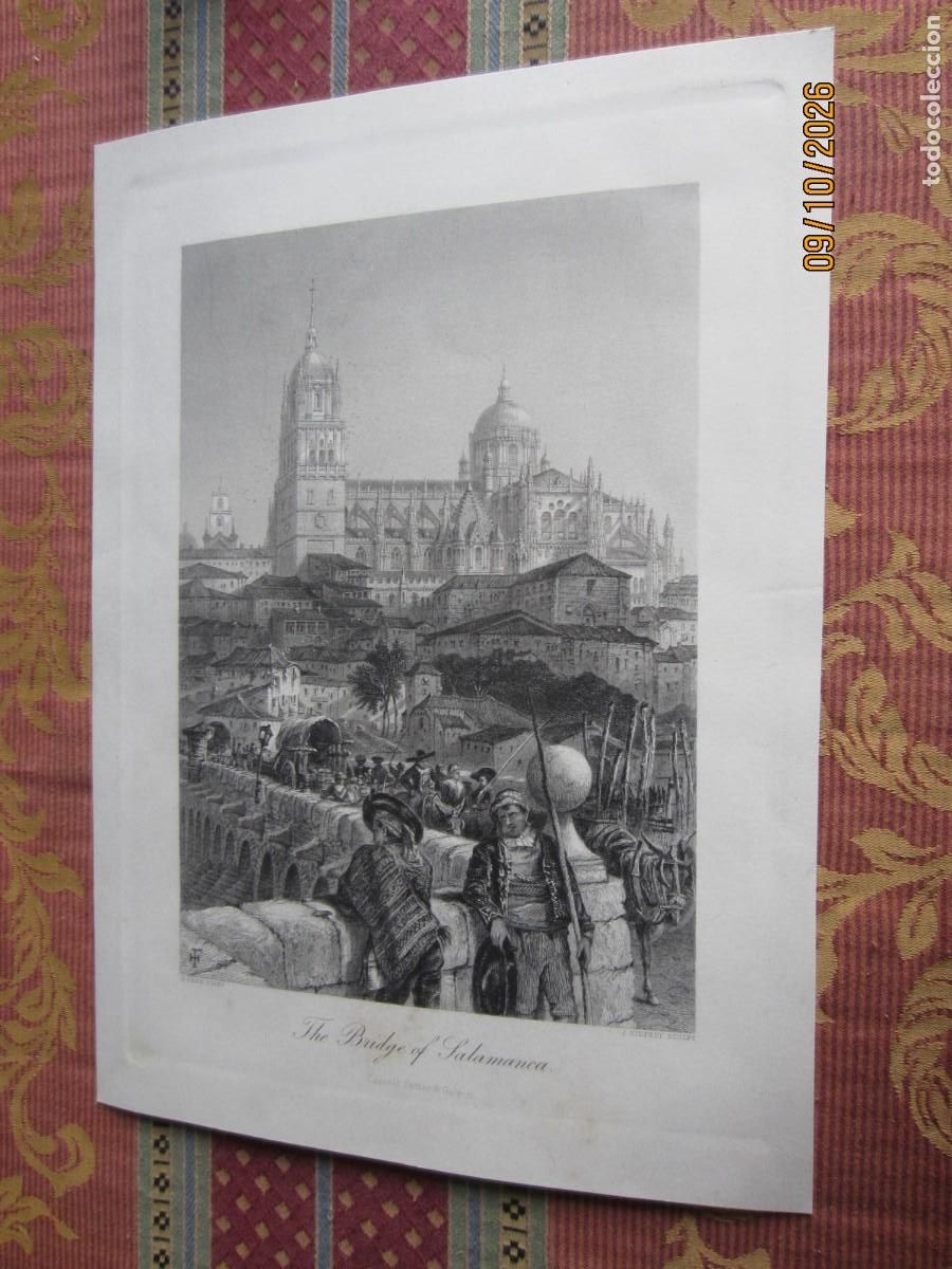 Arte: 1875-GRABADO ORIGINAL DEL PUENTE ROMANO Y CATEDRAL DE SALAMANCA.