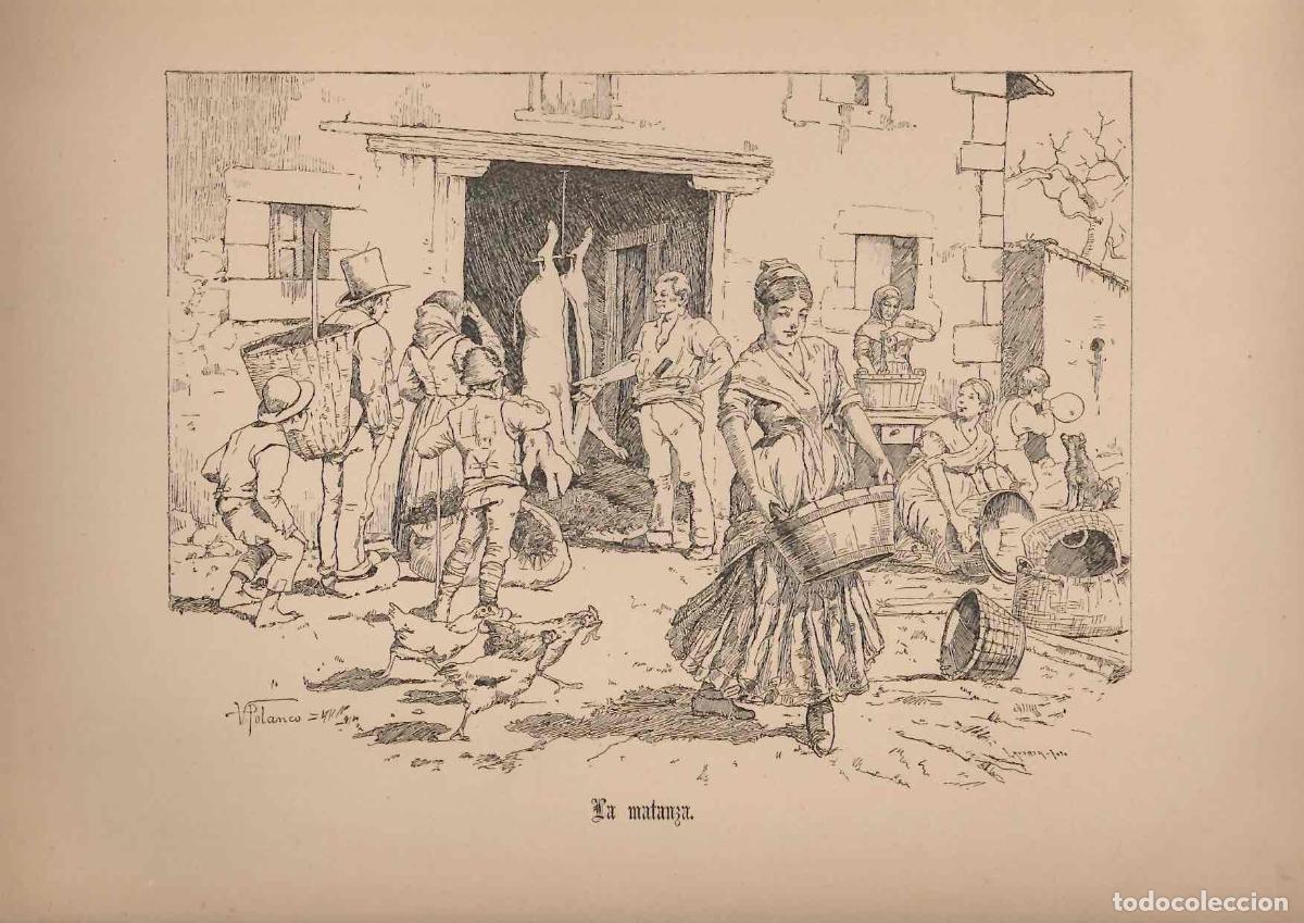 Arte: GRABADO COSTUMBRISTA ADOLFO POLANCO. APUNTES DE VIAJE. LA MATANZA. C. 1890