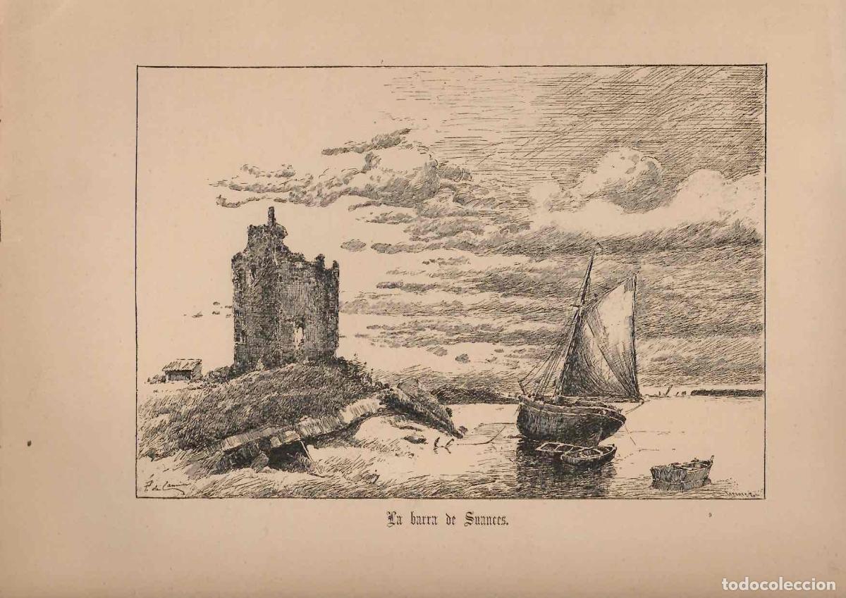 Arte: GRABADO COSTUMBRISTA ADOLFO POLANCO. APUNTES DE VIAJE. LA BARCA DE SUANCES. C. 1890