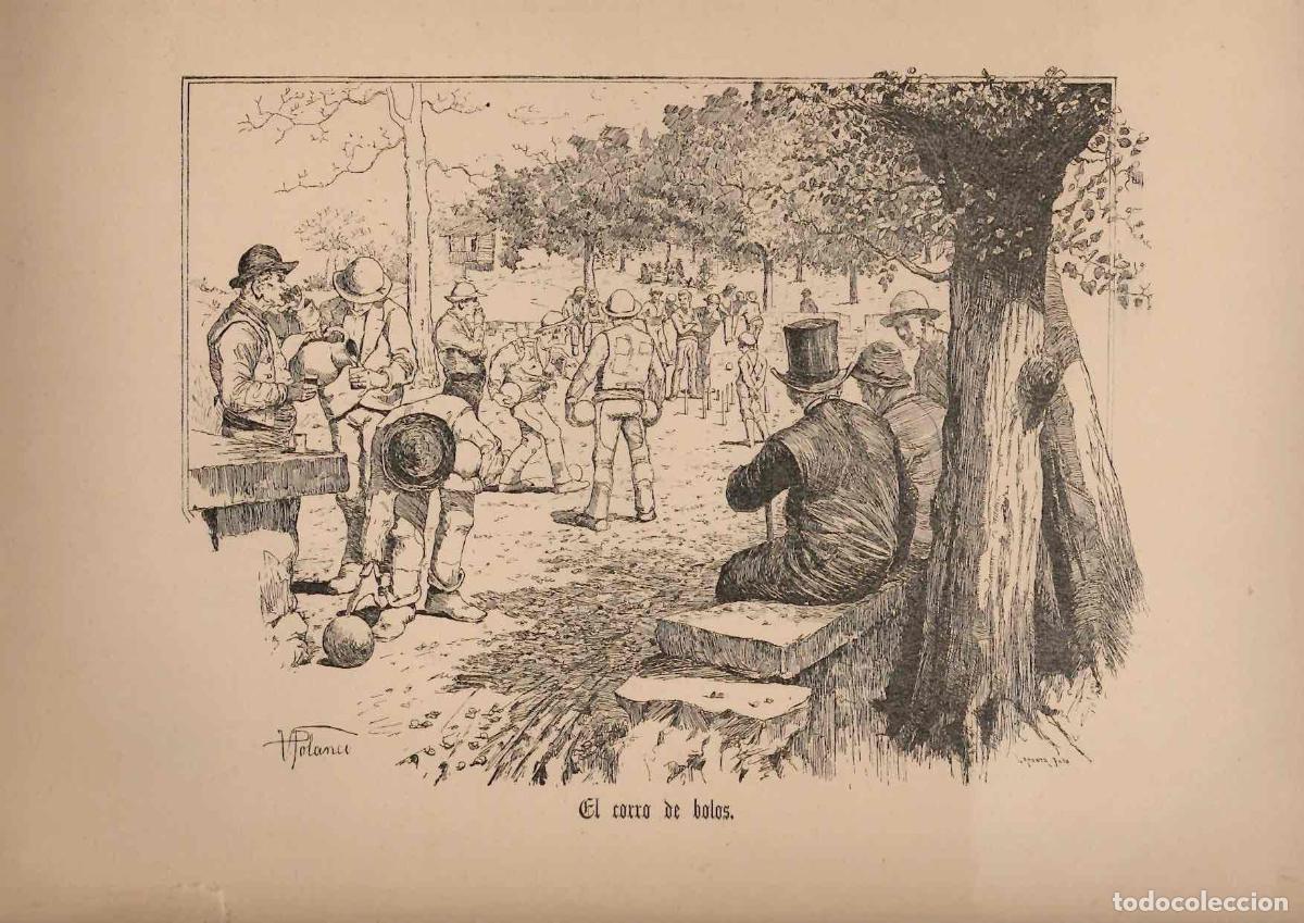 Arte: GRABADO COSTUMBRISTA ADOLFO POLANCO. APUNTES DE VIAJE. EL CORRO DE BOLOS. C. 1890