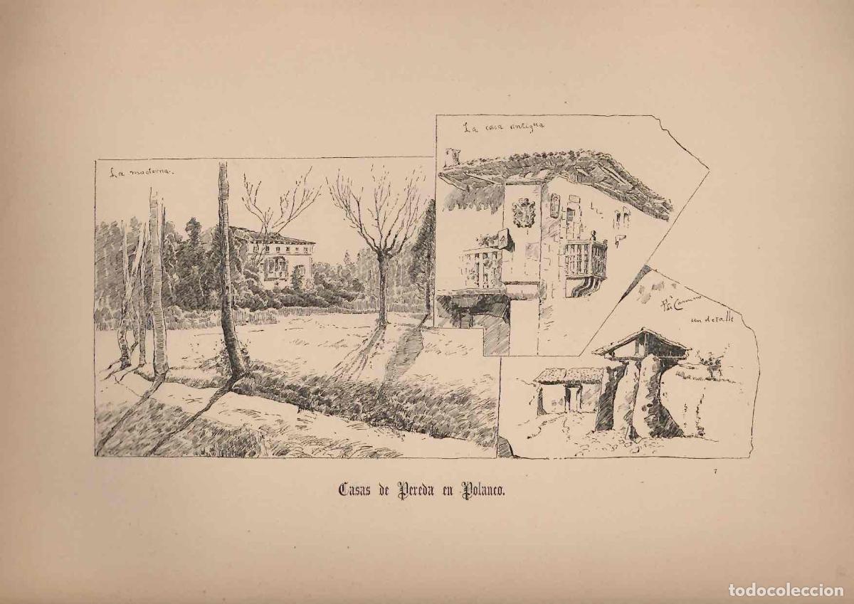 Arte: GRABADO COSTUMBRISTA ADOLFO POLANCO. APUNTES DE VIAJE. CASAS DE PEREDA EN POLANCO. C. 1890