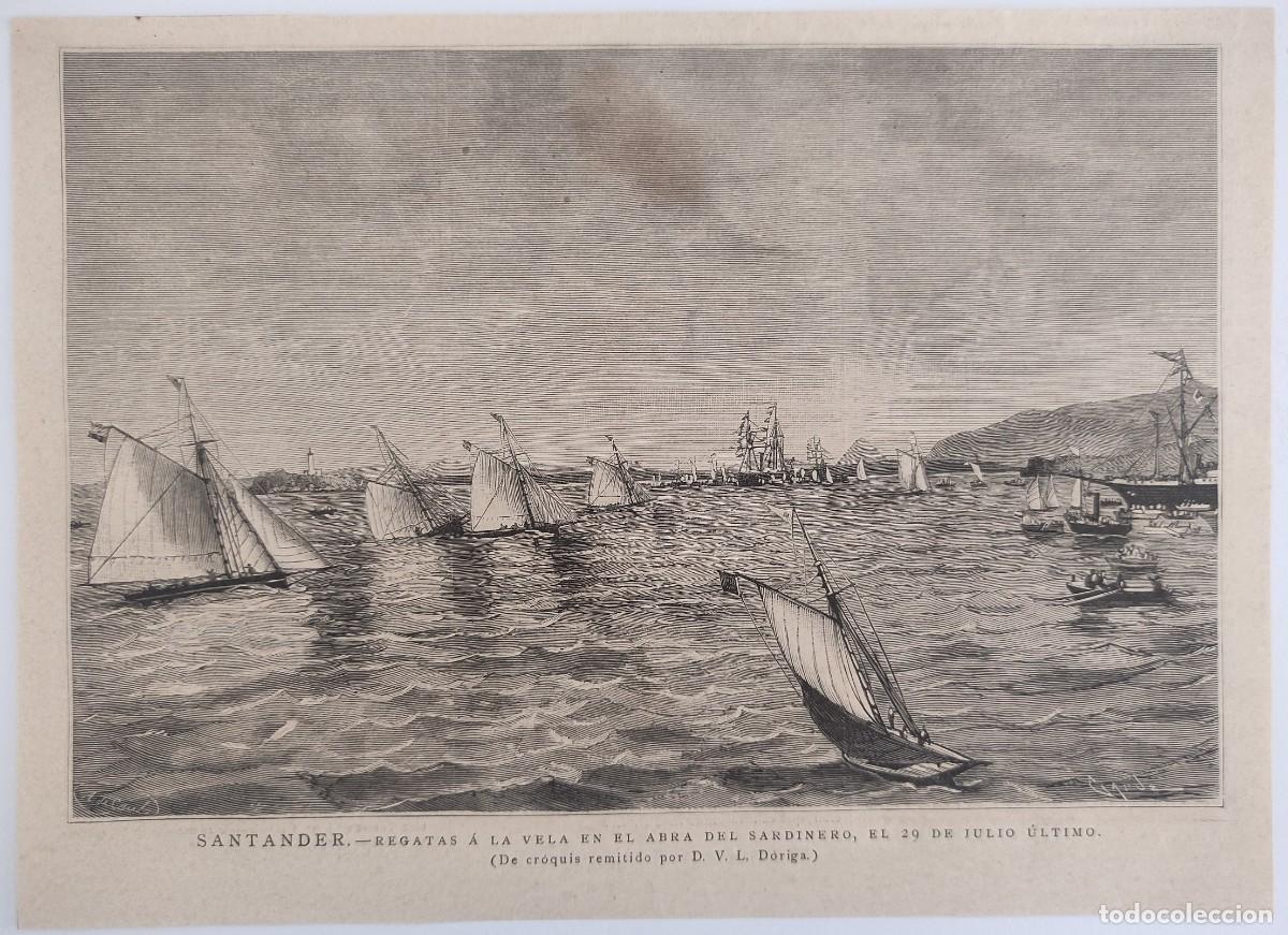 Arte: GRABADO. ESPA&Ntilde;A. CANTABRIA. SANTANDER. SARDINERO. UNA REGATA DE BARCOS. SOCIEDAD