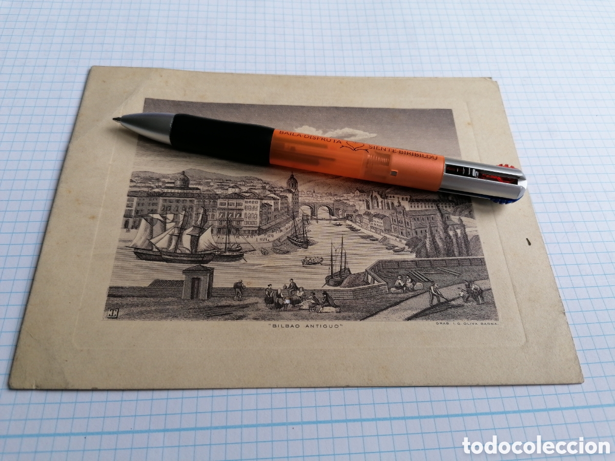 Arte: ANTIGUO GRABADO BILBAO ANTIGUO - I. G. OLIVA BARNA FELICITACI&Oacute;N NAVIDE&Ntilde;A MARCELINO BESGA