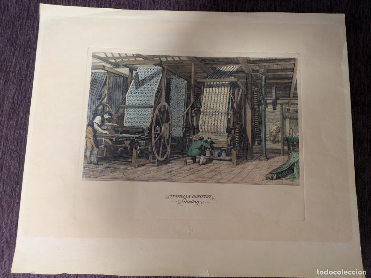 Arte: Grabado de fabrica Textil Londres siglo XIX Calico printing