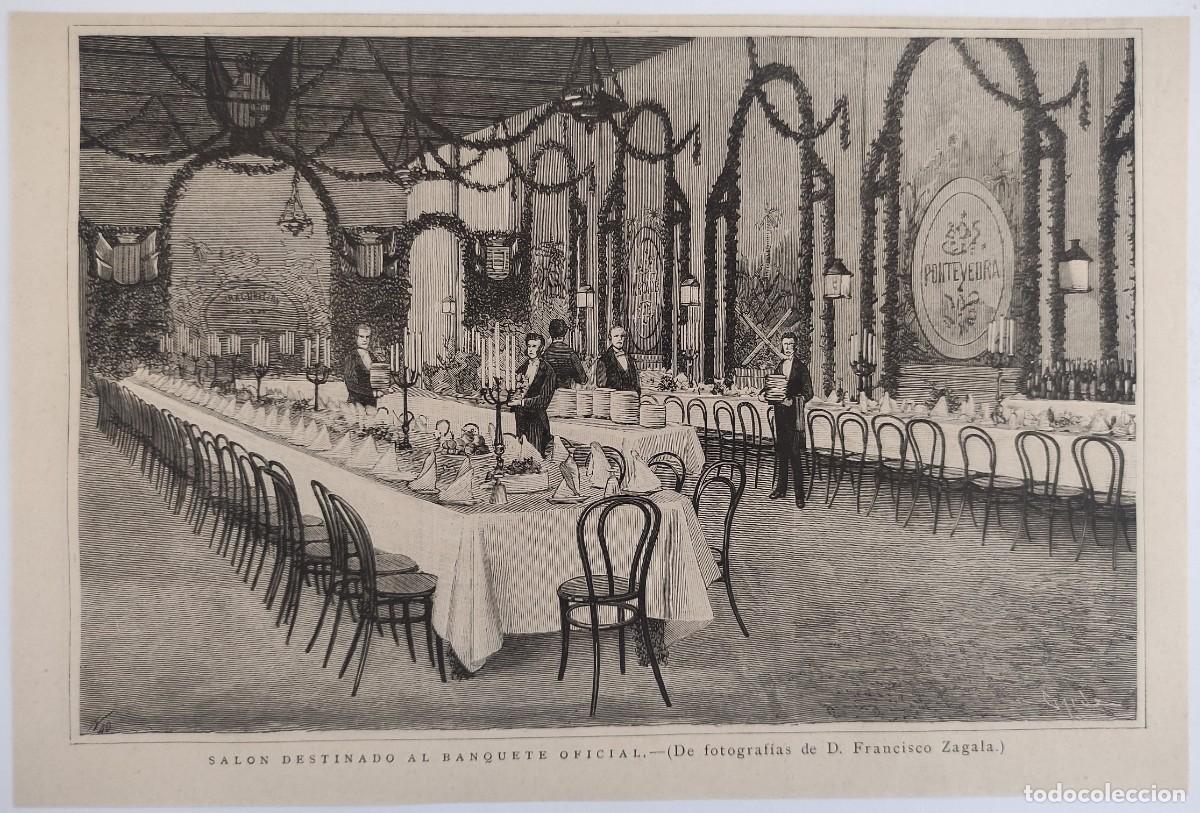 Arte: GRABADO. ESPA&Ntilde;A. INAUGURACION FERROCARRIL REDONDELA A PONTEVEDRA 2/2. CELEBRACION BANQUETE. SOCIEDAD
