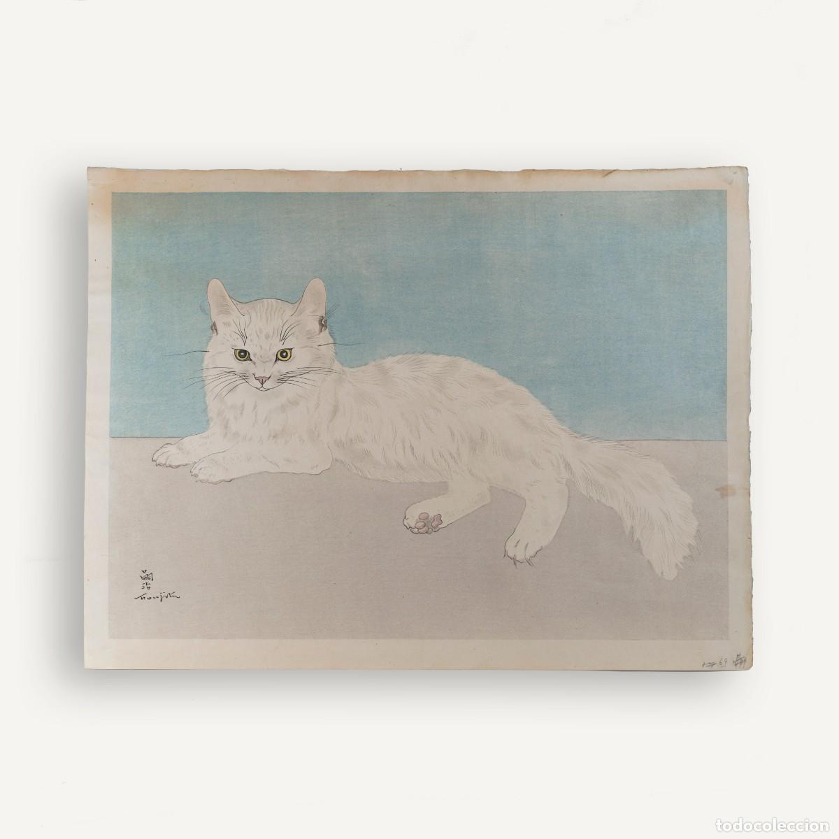Arte: Foujita, White Persian Cat, Xilograf&iacute;a Original en Color, Kawaguchi, c.1930, N&ordm; 36/120