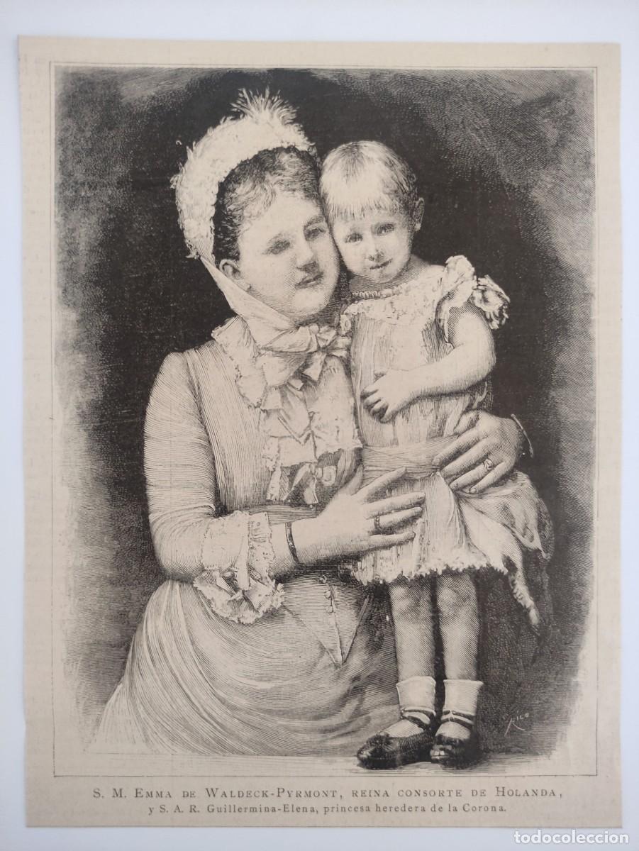 Kunst: GRABADO. RETRATOS. REALEZA. REINA HOLANDA EMMA WALDECK PYRMONT Y PRINCESA GUILLERMINA ELENA.