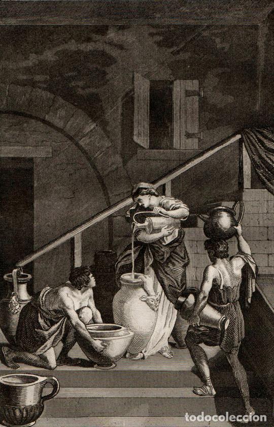 Arte: GRABADO AL ACERO DE 1836, BIBLIA VULGATA MAESTRO DE SACY. ELISEO MULTIPLICA EL ACEITE DE UNA VIUDA