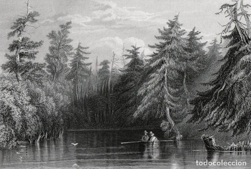 Arte: GRABADO AL ACERO DE 1873, VISTA DEL LAGO DE BARHYDT, CERCA DE SARATOGA, NEW YORK, EE.UU.