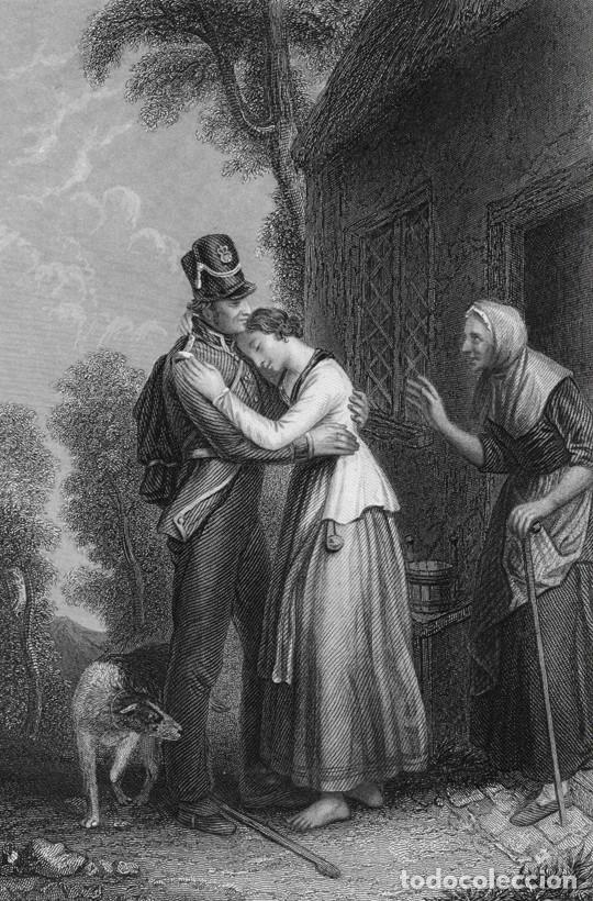 Arte: GRABADO AL ACERO DE 1873, ILUSTRACI&Oacute;N BALADA POPULAR THE SOLDIER'S RETURN DE ROBERT BURNS, ESCOCIA