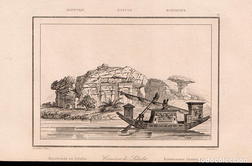 Arte: GRABADO AL ACERO DE 1839, CANTERA Y CANTEROS DE SILSILIS (SILSILEH), NILO, ANTIGUO EGIPTO, LEMA&Icirc;TRE