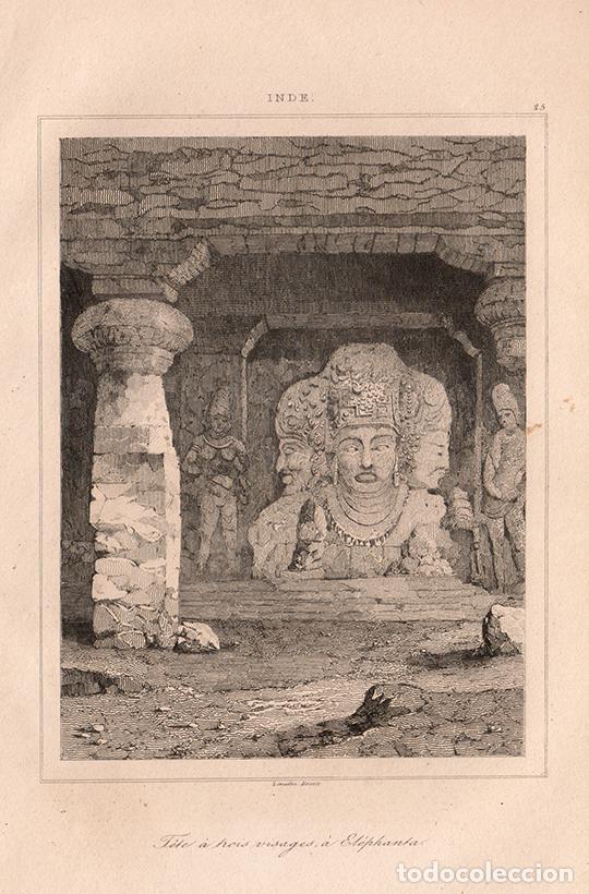 Arte: GRABADO AL ACERO 1845, ESTATUA DE LA TRIMURTI EN LAS GRUTAS DE ELEFANTA, MUMBAI, INDIA, LEMA&Icirc;TRE