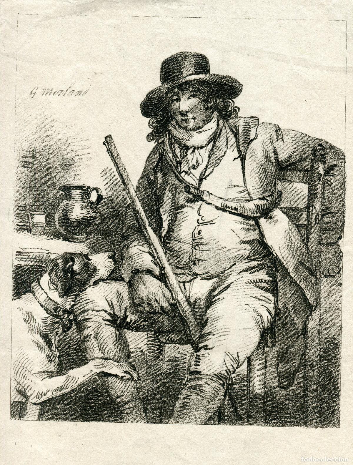 Arte: Fumador y cazador con su perro - Grabado original seg&uacute;n G. Morland - 1801