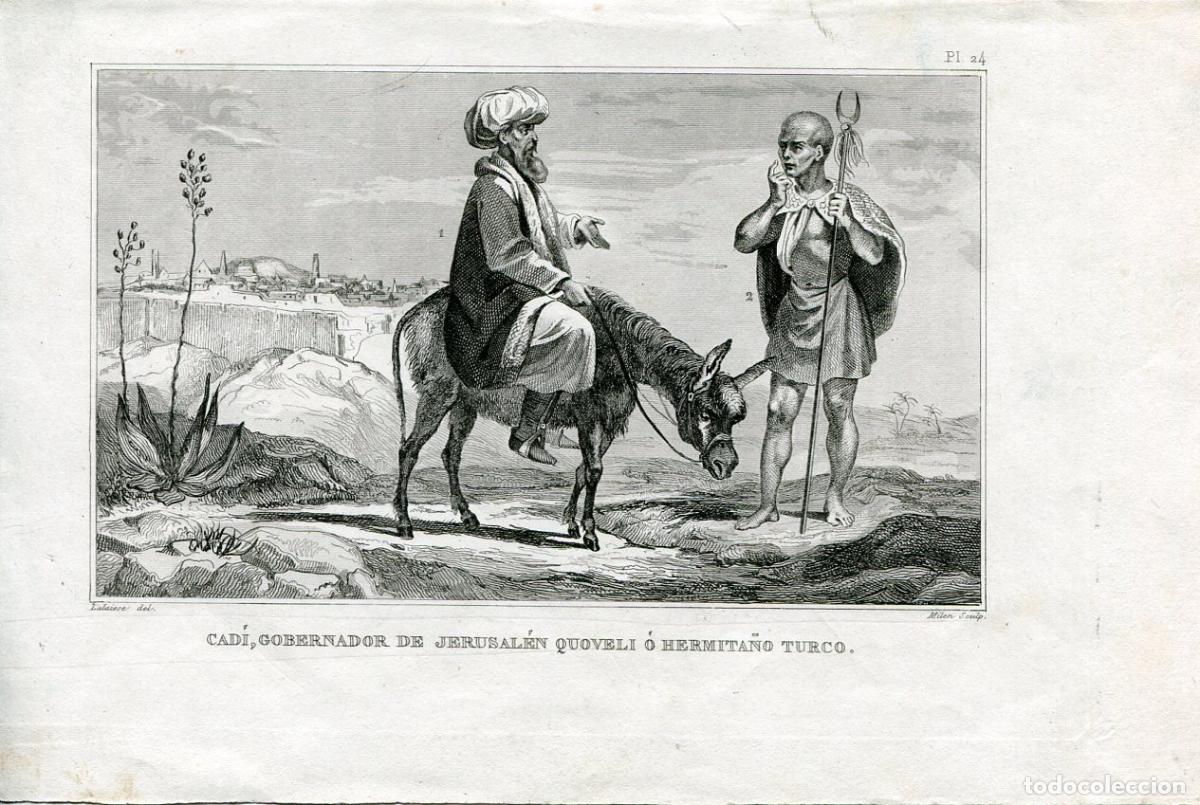 Arte: Cad&iacute; de Jerusal&eacute;n y ermita&ntilde;o turco - Grabado antiguo Lalaisse - s. XIX