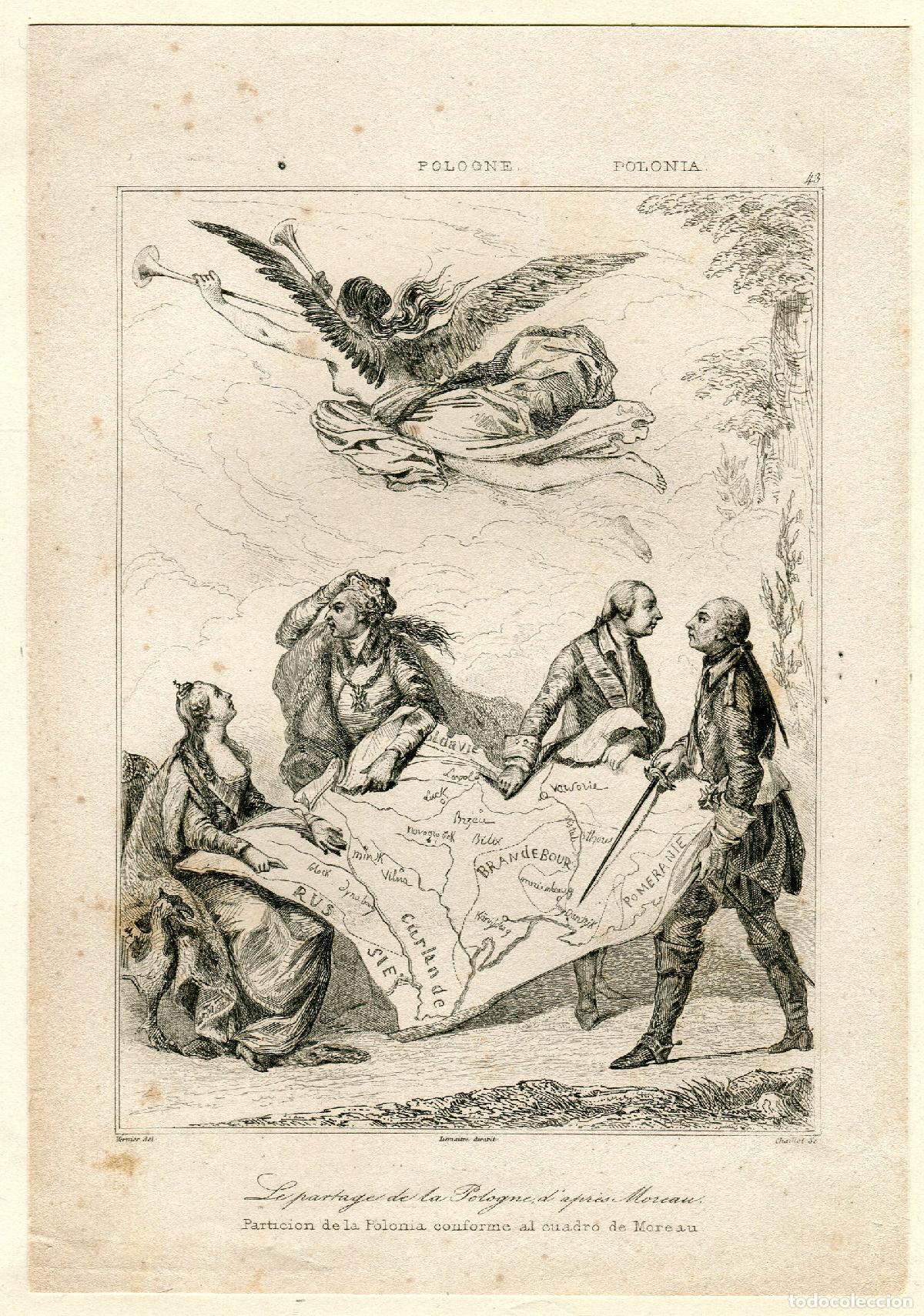 Arte: Partici&oacute;n de Polonia seg&uacute;n Moreau - Grabado original de Chaillot s. XIX