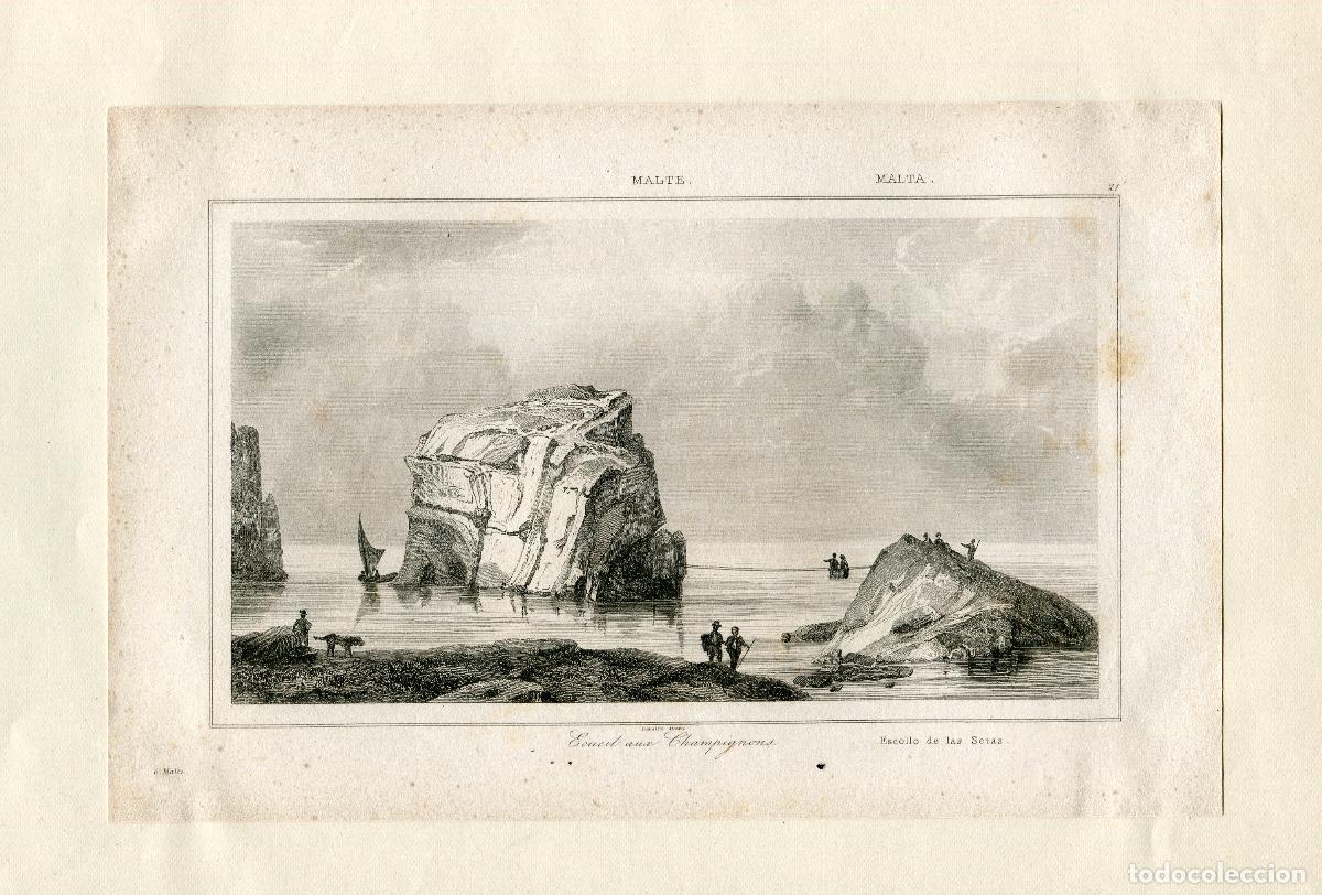 Arte: Malta, escollo de las Setas - Grabado original s. XIX - Lemaitre