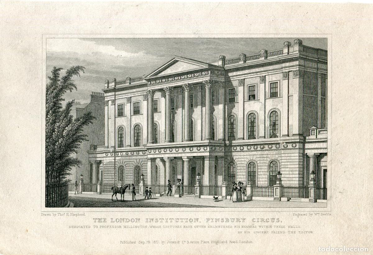 Arte: London Institution Finsbury Circus - grabado antiguo al acero - 1827