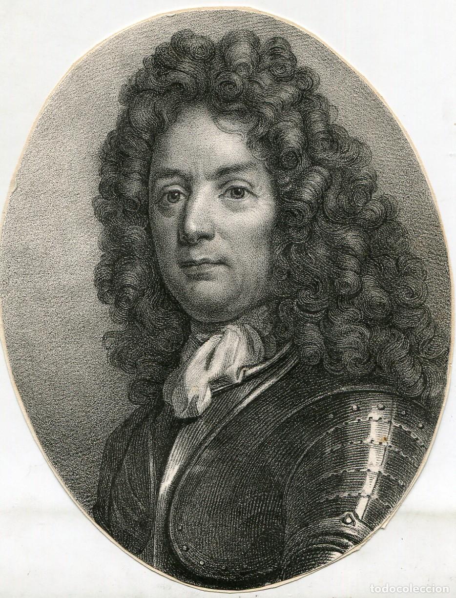Arte: Retrato de caballero con peluca y coraza - grabado antiguo a puntos - s. XIX