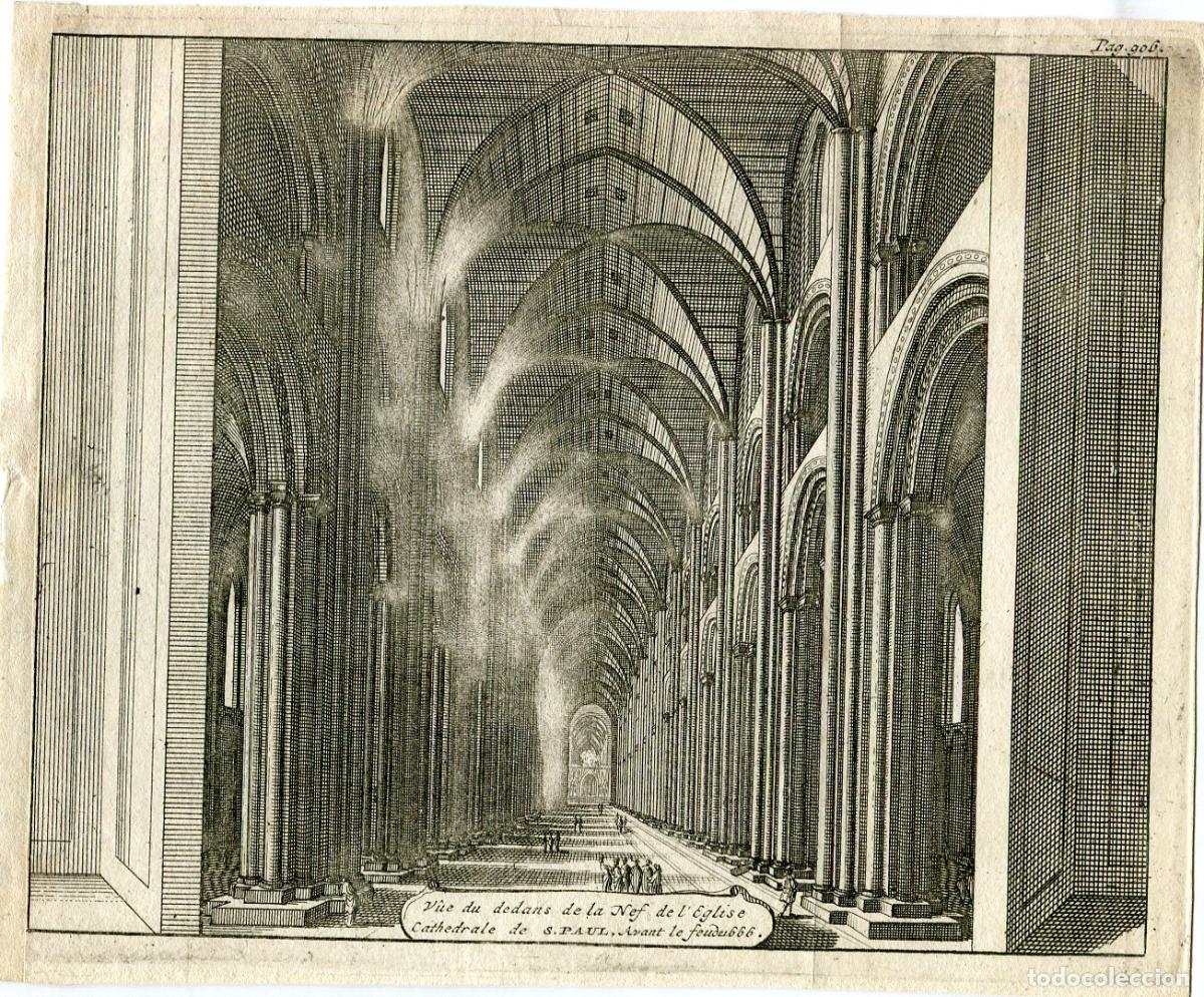 Arte: Catedral de San Pablo antes del incendio de 1666 - grabado al buril - s. XVIII