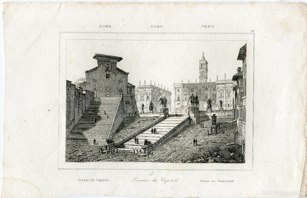 Arte: Escalinata del Capitolio, Roma - Grabado original del siglo XIX