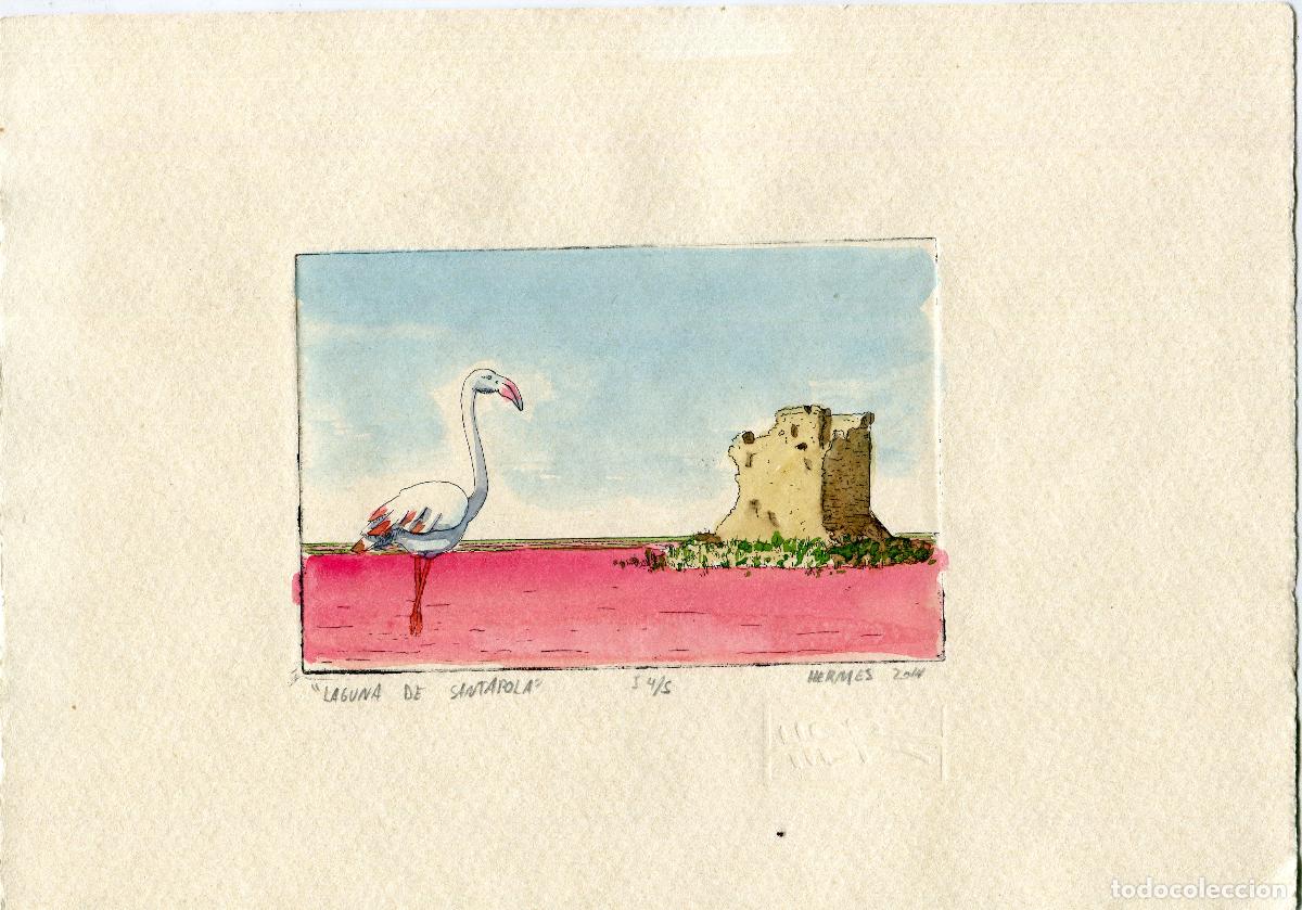 Art: Laguna de Santa Pola - Aguafuerte y acuarela de Hermes - 2014