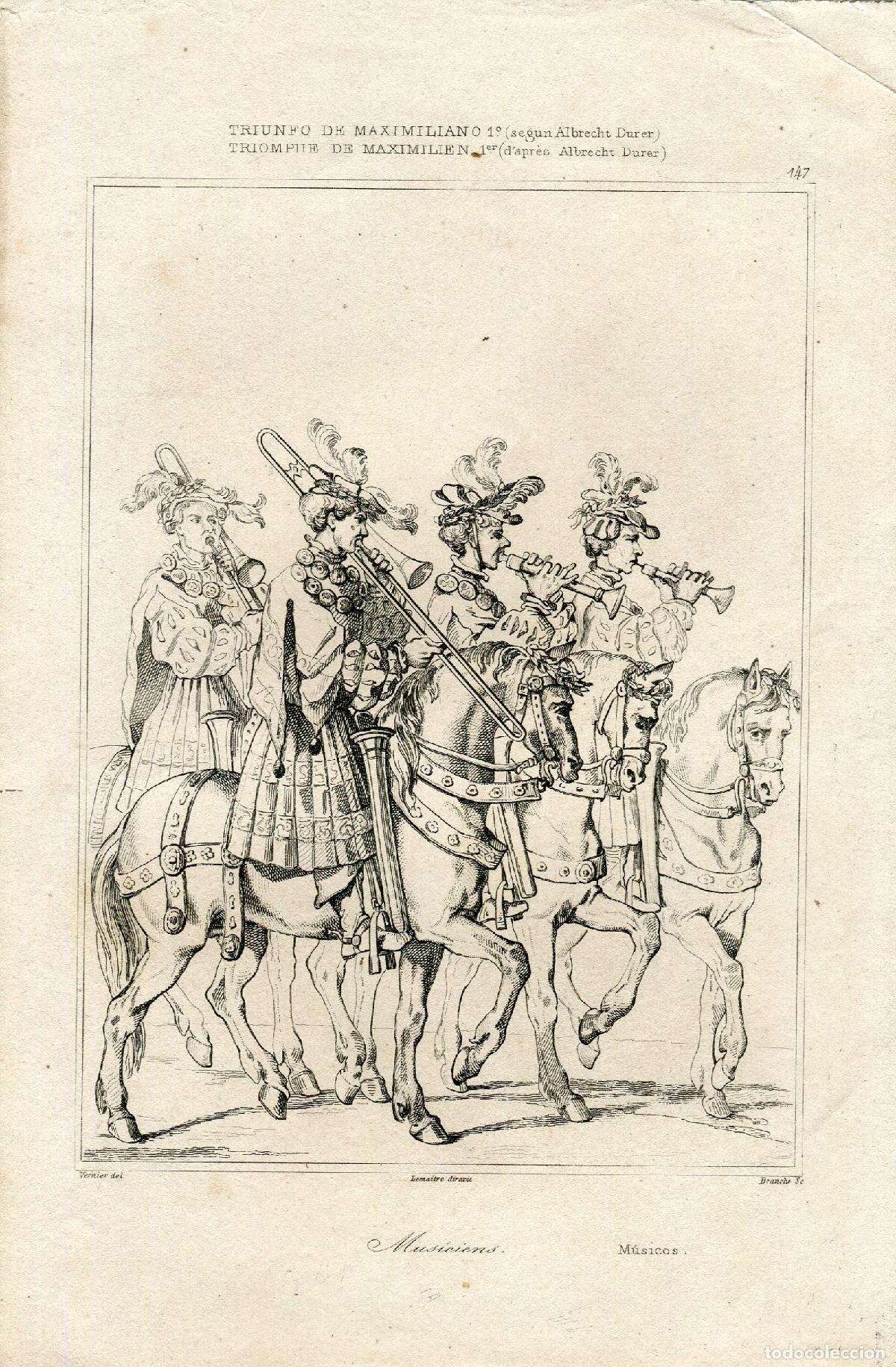 Arte: Triunfo de Maximiliano I, m&uacute;sicos - Grabado seg&uacute;n Durero - s. XIX