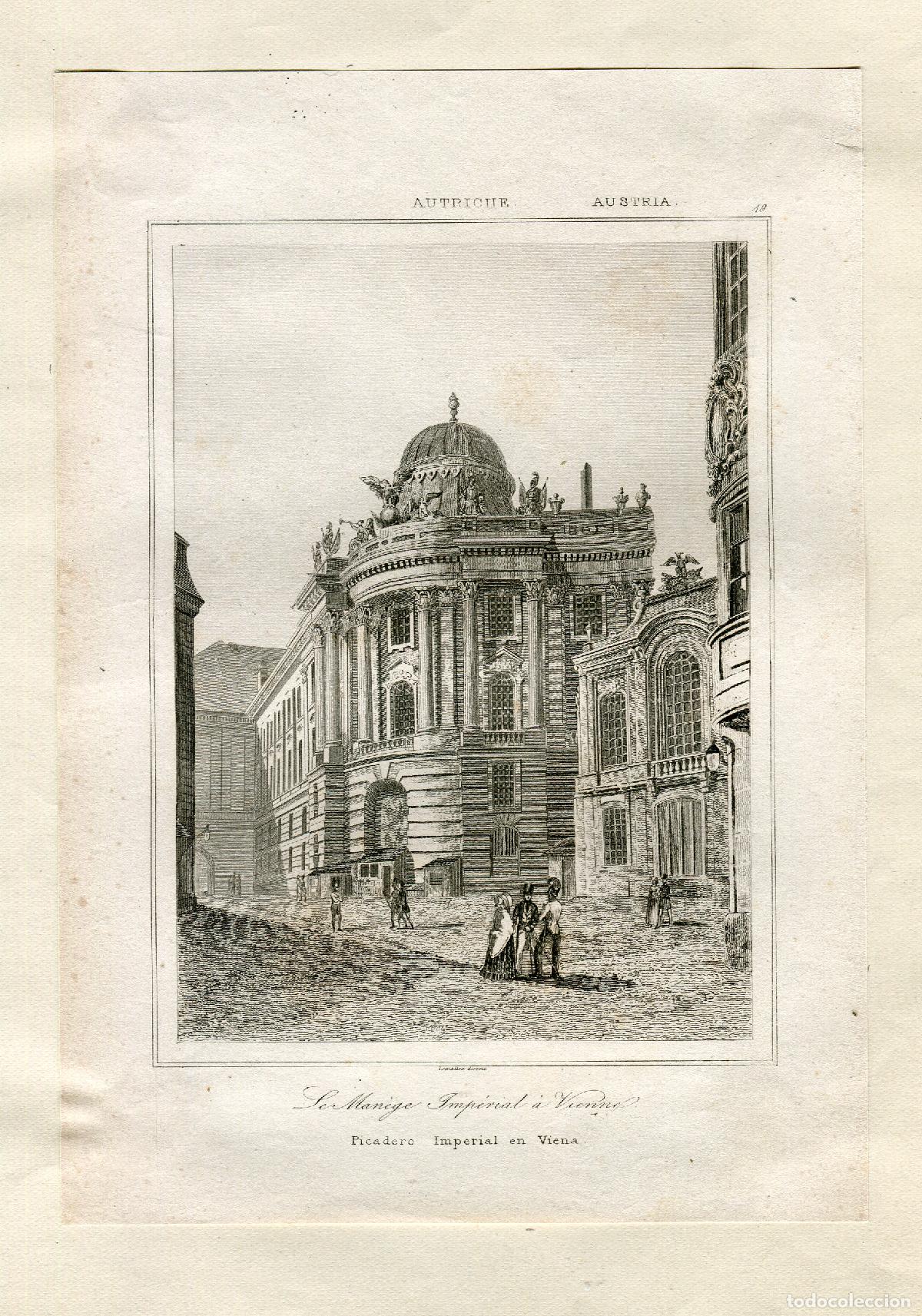 Arte: Picadero Imperial de Viena - Grabado original al acero, Austria s. XIX