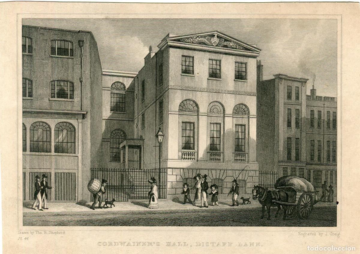 Arte: Cordwainer's Hall Distaff Lane Londres - grabado antiguo al acero - s. XIX
