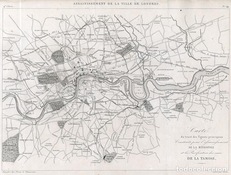 Arte: GRABADO INGENIER&Iacute;A CIVIL 1867, SISTEMA SANEAMIENTO DE LONDRES, ALCANTARILLADO, PURIFICACI&Oacute;N T&Aacute;MESIS